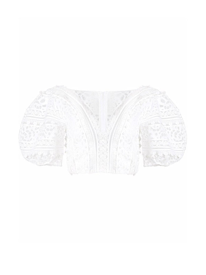 Eyelet Puff Sleeve Cropped Blouse