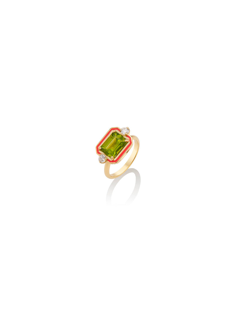 Peridot & Coral Enamel Selene Ring