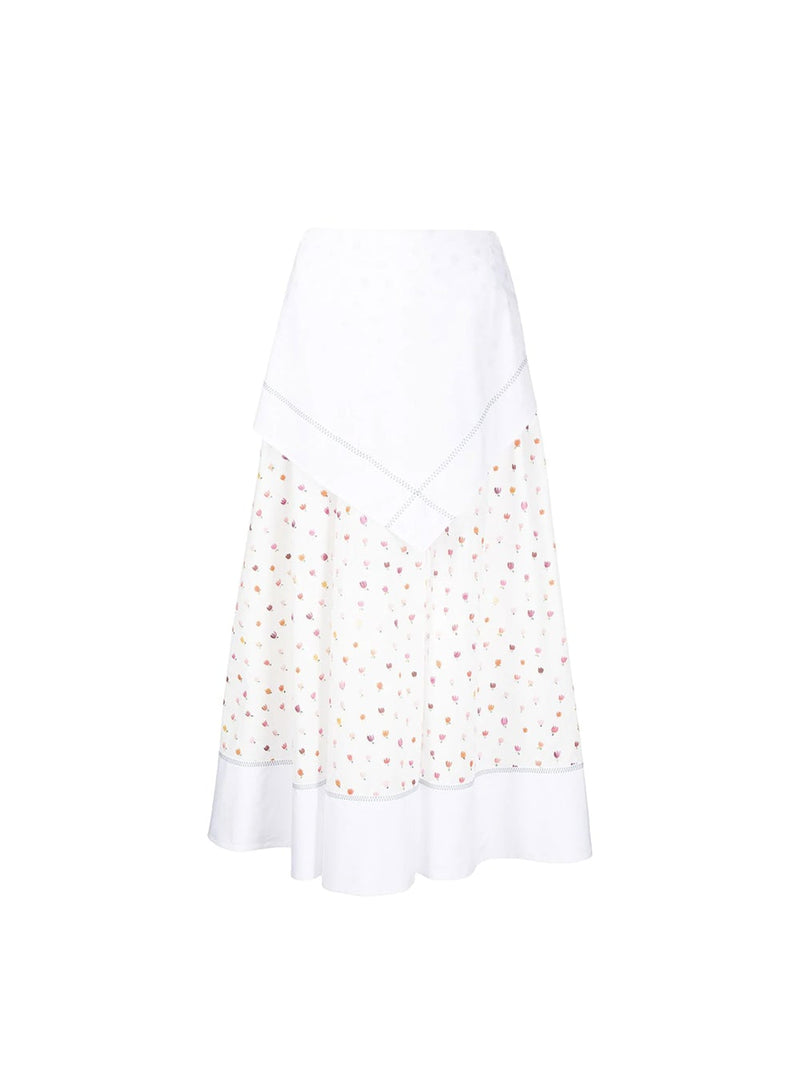 Asymmetrical Spliced Tulip-Printed Midi Skirt