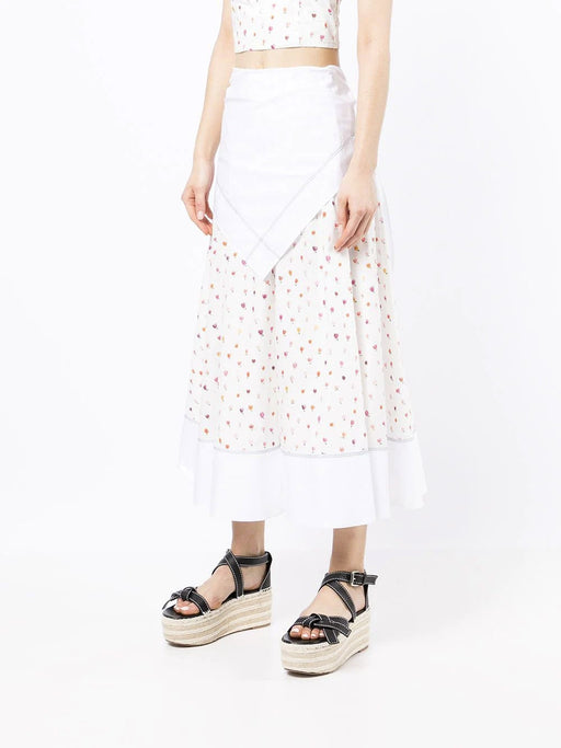 Asymmetrical Spliced Tulip-Printed Midi Skirt