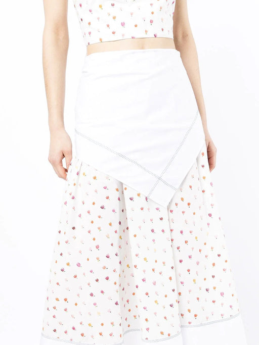 Asymmetrical Spliced Tulip-Printed Midi Skirt